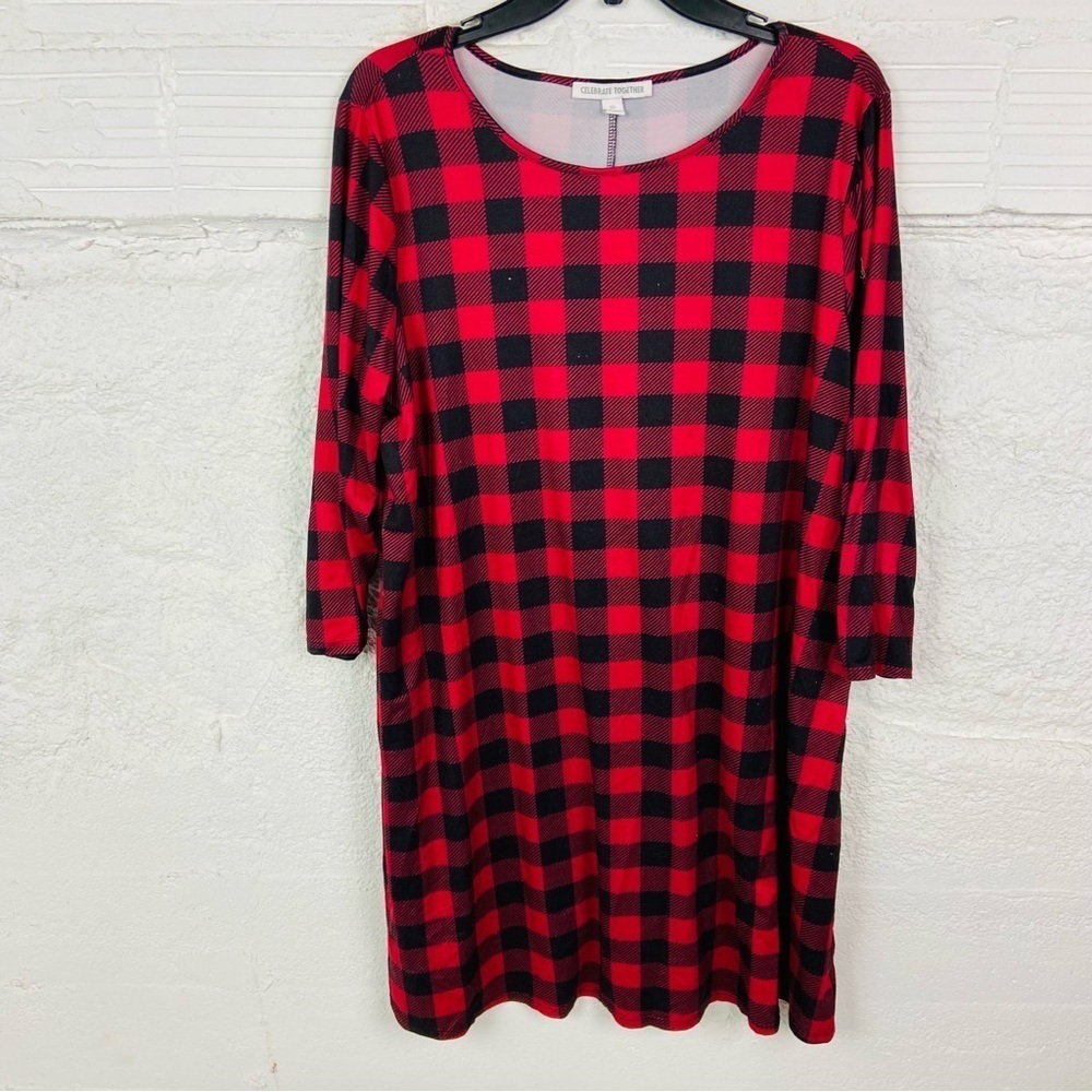 Celebrate together Red and Black buffalo Plaid Long Sleeve stretch mini Dress XL - Picture 3 of 13